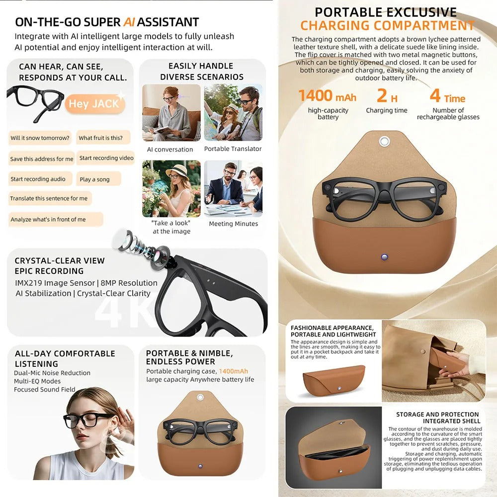 8MP 4K Camera Smart Glasses with AI Language Assistant & Call Real-time Translation